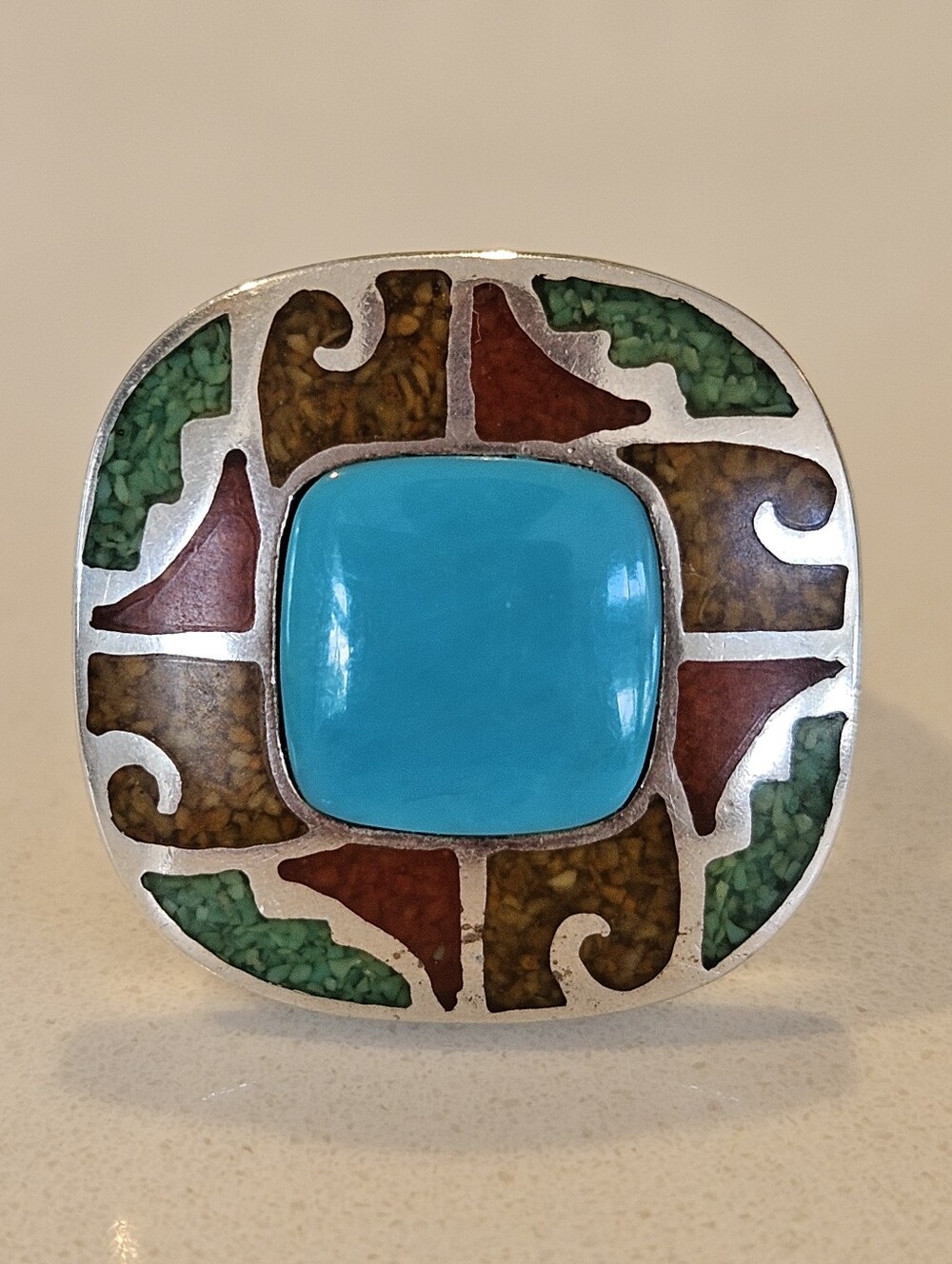 Southwestern Carolyn Pollack Turquoise Multicolor Inlay Statement Ring Sz 8.5